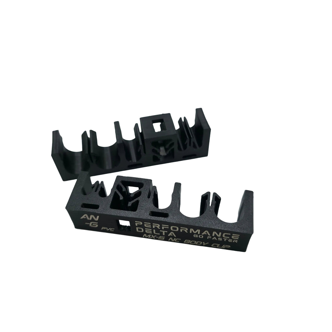 Two black nylon miata mx-5 NC car body clips on a light grey background, with one clip displaying &