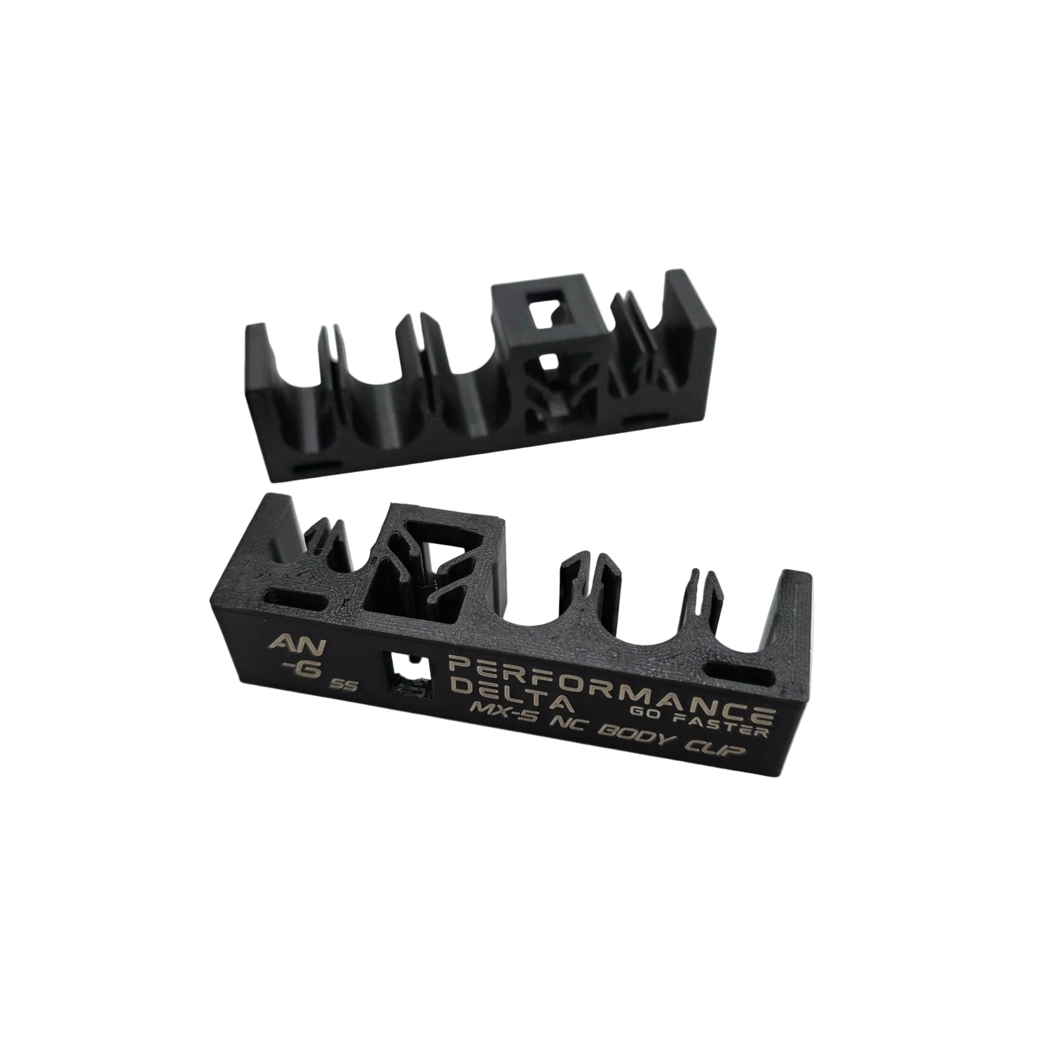 Two black nylon miata mx-5 NC car body clips on a light grey background, with one clip displaying 'AN-6 PERFORMANCE DELTA G0 FASTER MX-5 NC BODY CLIP' in white text.