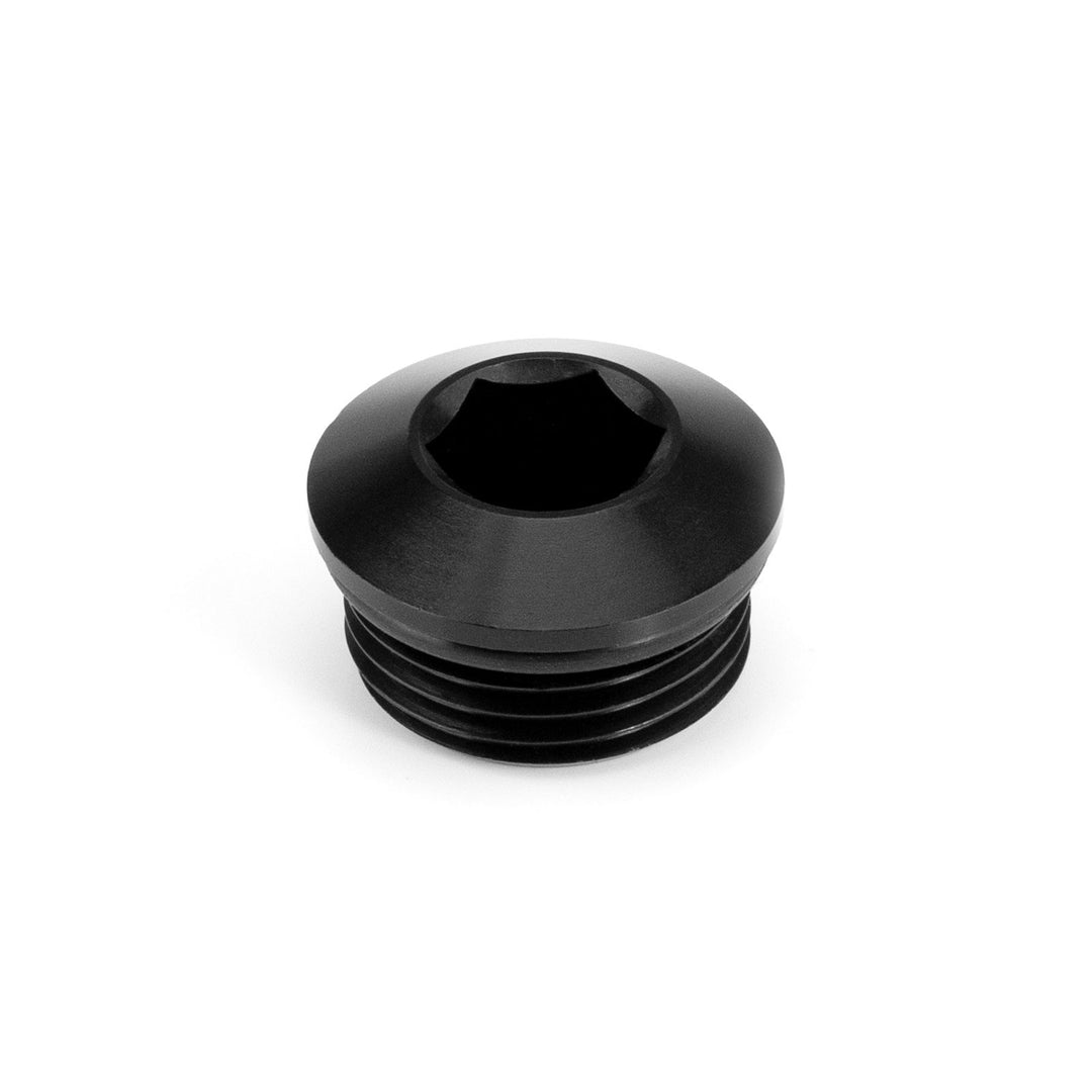 Black anodised aluminium -8 AN ORB blanking plug with internal hex drive and FKM O-ring