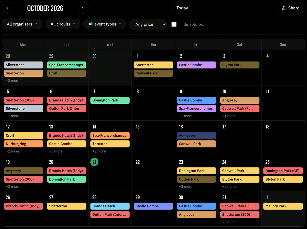 Track day calendar